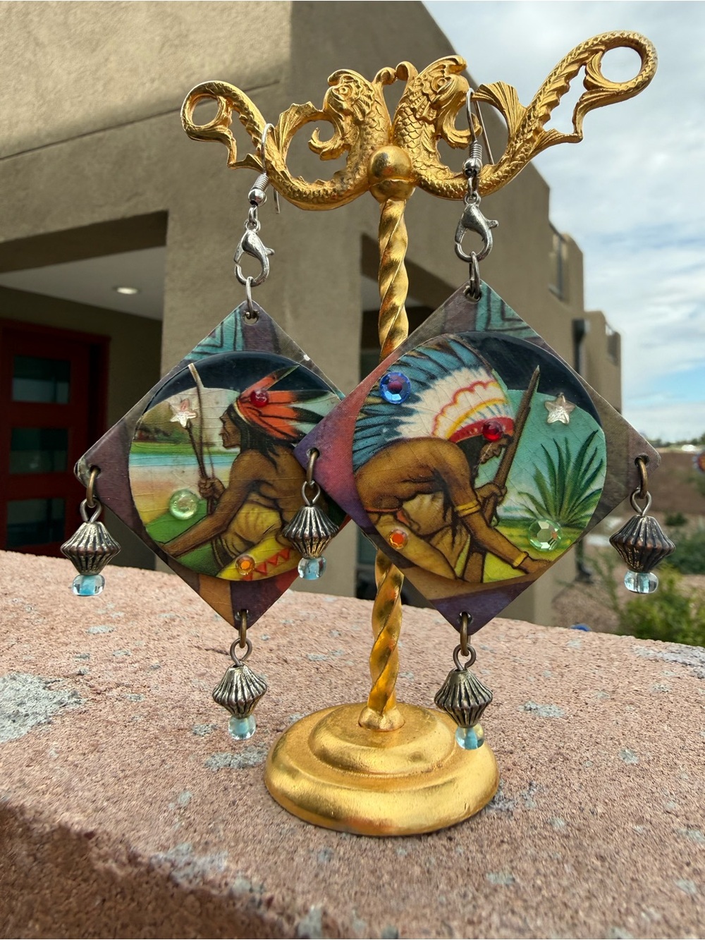 Vintage Style Native American Chief Decoupage Dangle Statement Earrings